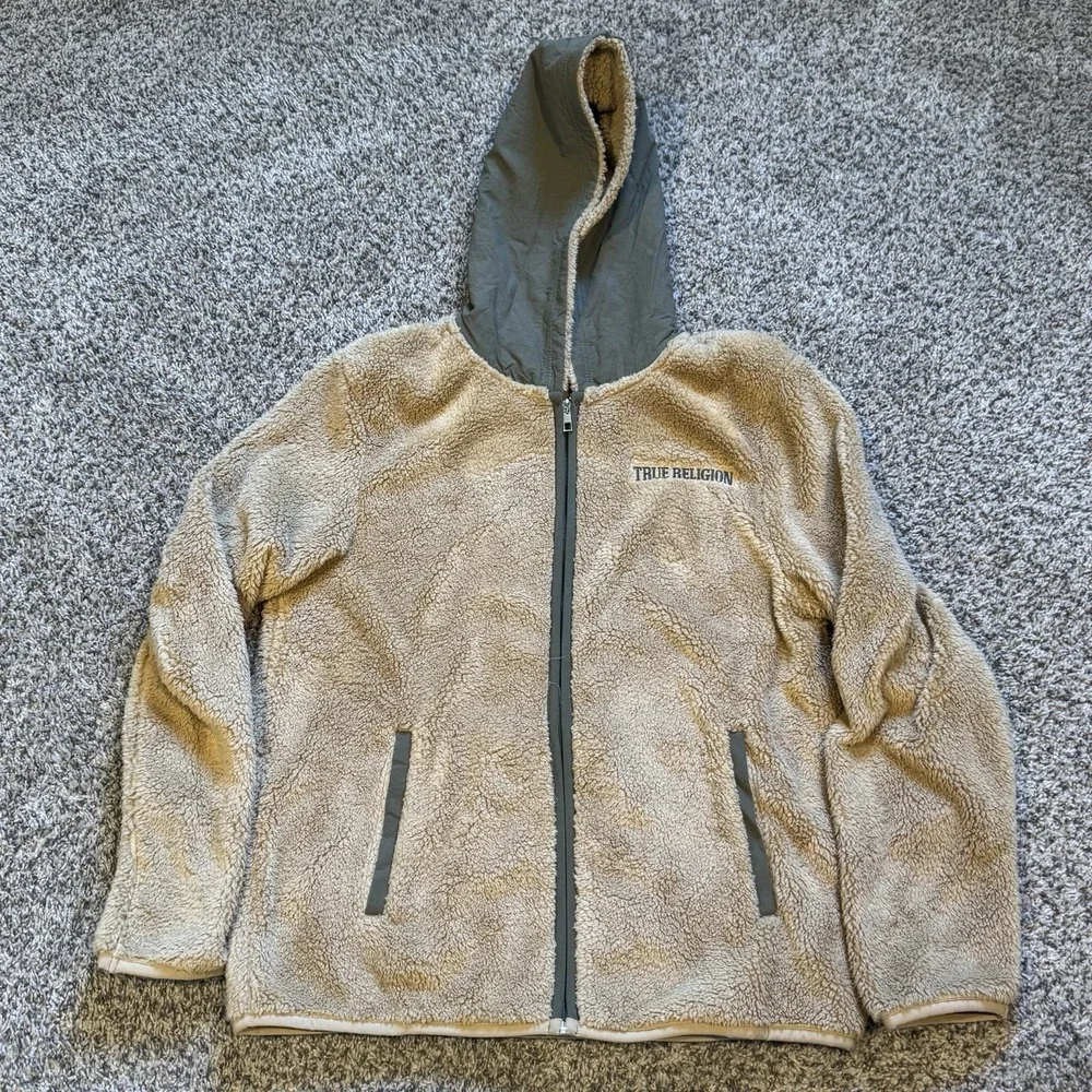 Men's Size Small True Religion Sherpa Tan And Green Zip Up Jacket New With Tags